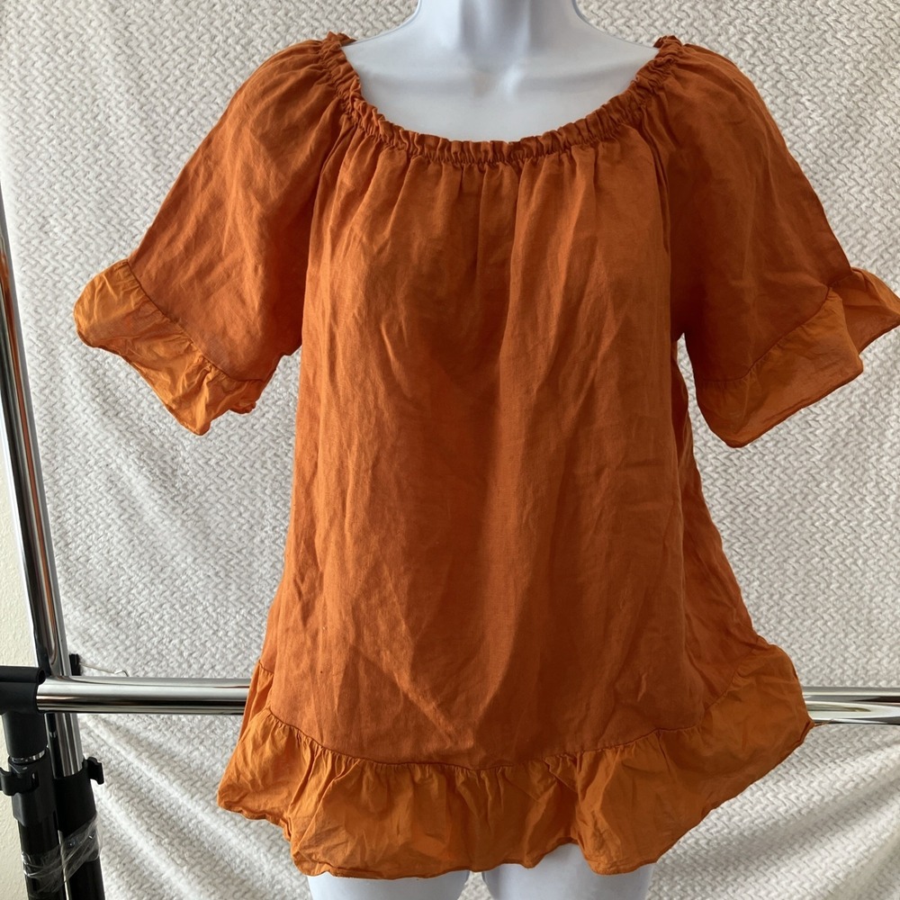 Terzo Millennio Linen Blouse Top‎ Medium Orange Italy Lagenlook Coastal Boho